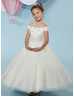 Off Shoulder Beaded Ivory Embroidery Lace Tulle Flower Girl Dress